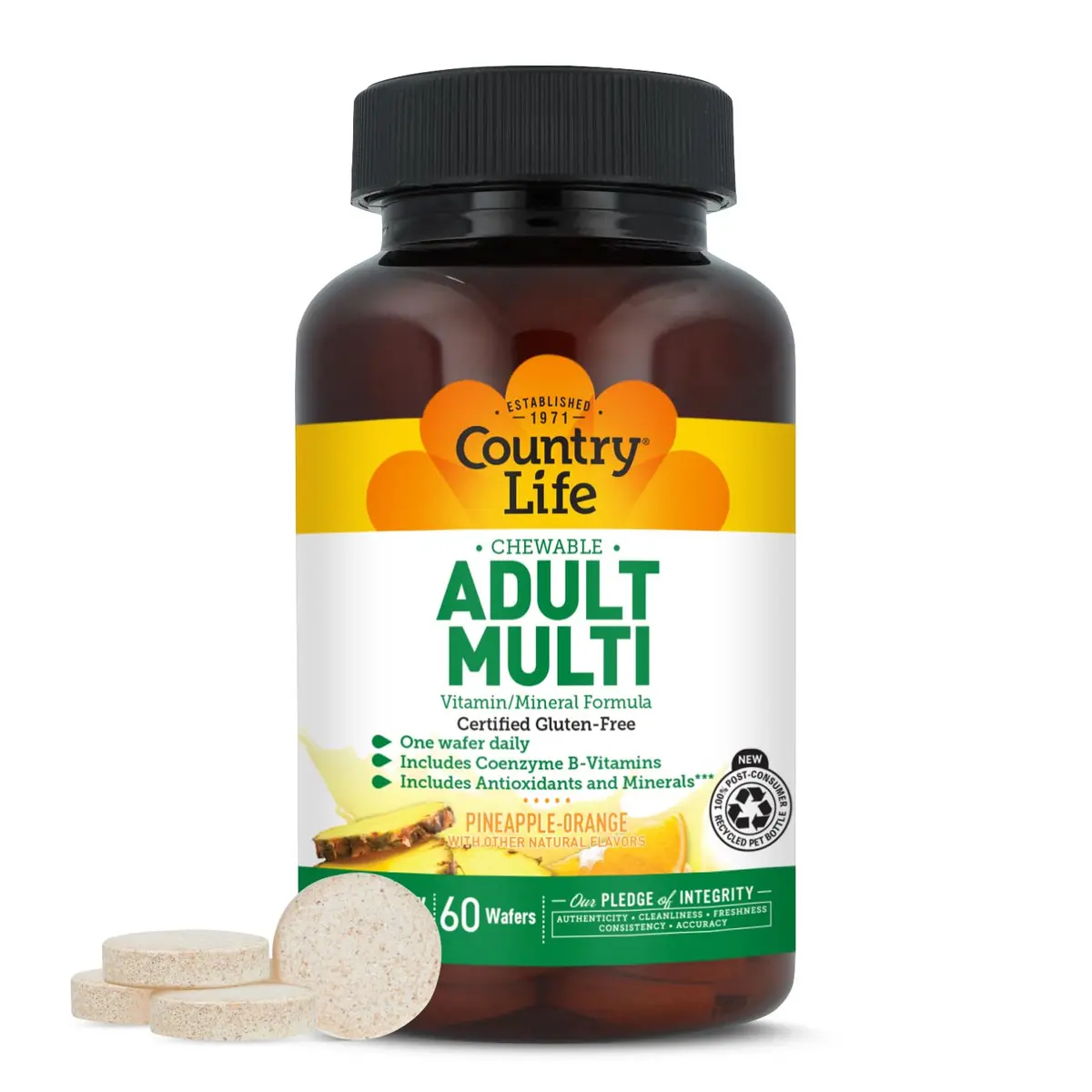 Country Life Adult Chewable Multivitamin, Pineapple Orange, 60 Wafers | Supports Energy & Immunity - main product image