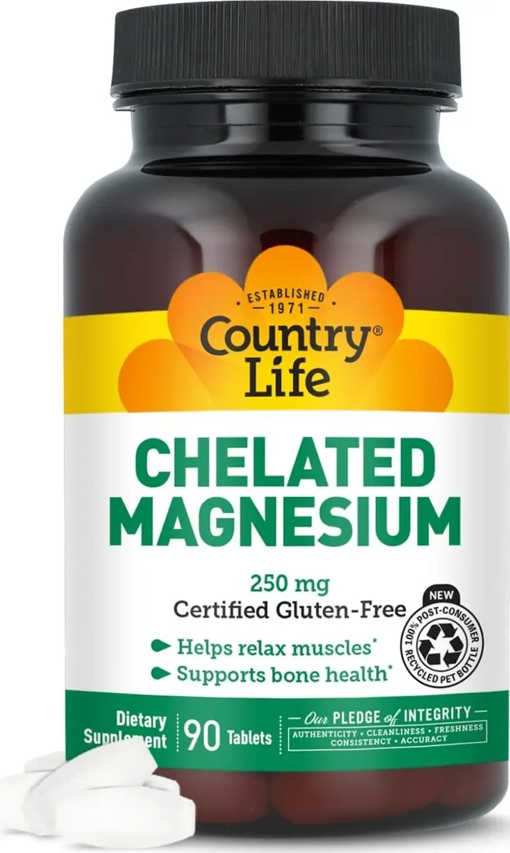 Country Life Chelated Magnesium 250 mg | Vegan, Gluten-Free, Supports Heart & Bone Health (90 Tablets) - main product image
