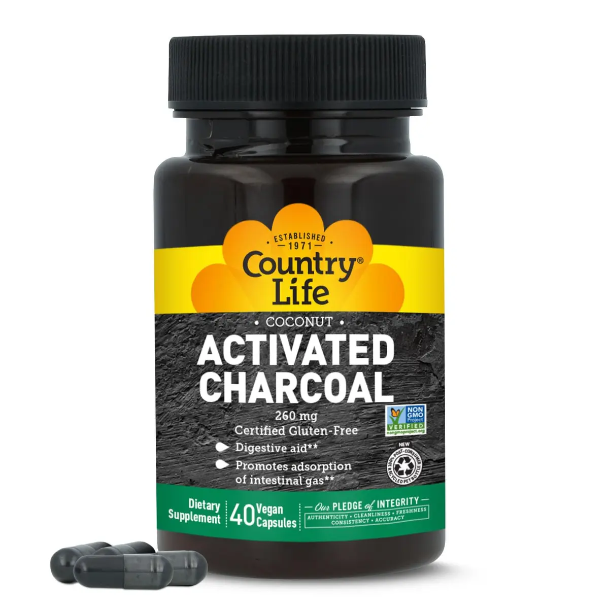 Country Life Coconut Activated Charcoal 260 mg | Vegan Capsules for Digestive Health Support - main product image