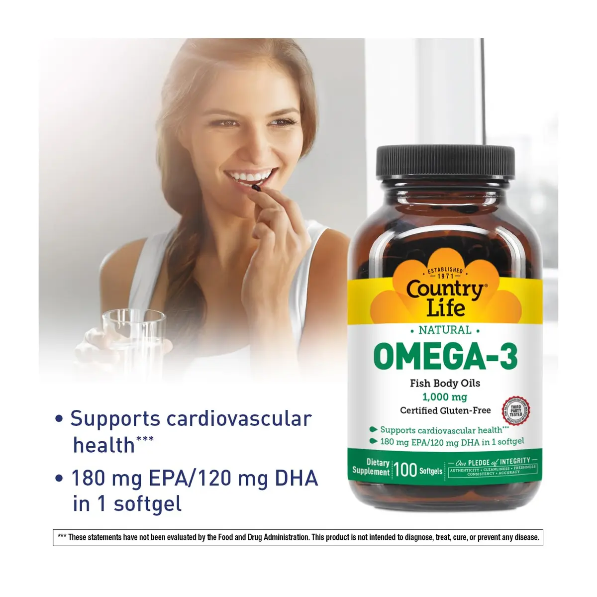 Country Life Omega-3 Fish Oil 1000 mg | EPA DHA Support for Heart & Brain (70-120 chars) - view 2