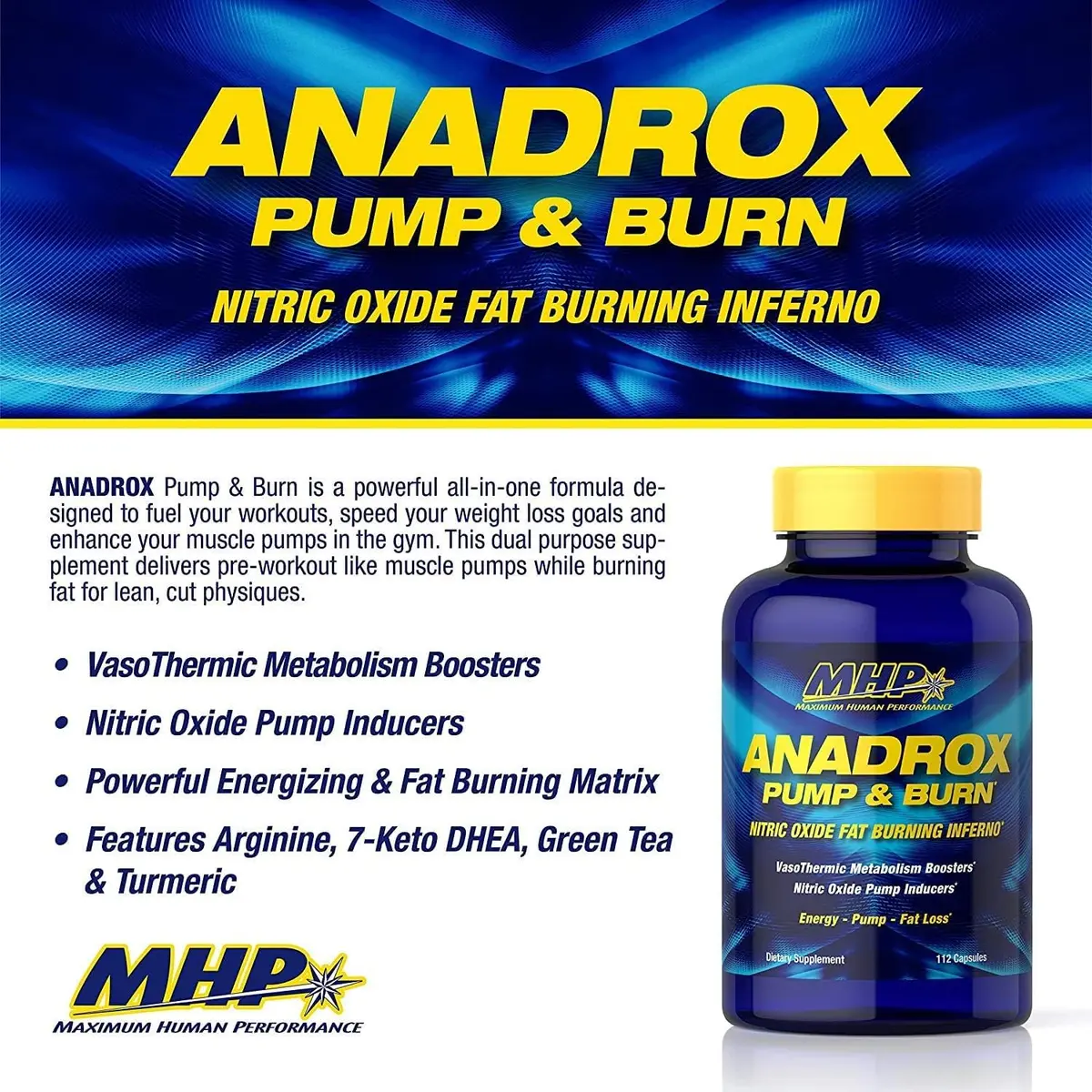Maximum Human Performance MHP Anadrox Pump & Burn 112 capsules | Nitric Oxide Fat Burner for Energy & Metabolism - view 3