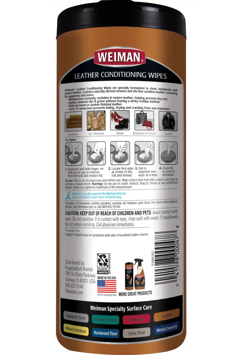 Weiman Leather Cleaner & Conditioner Wipes With UV Protection, 30 ct | Prevents Cracking & Fading on Auto Seats, Shoes, Purses - view 2