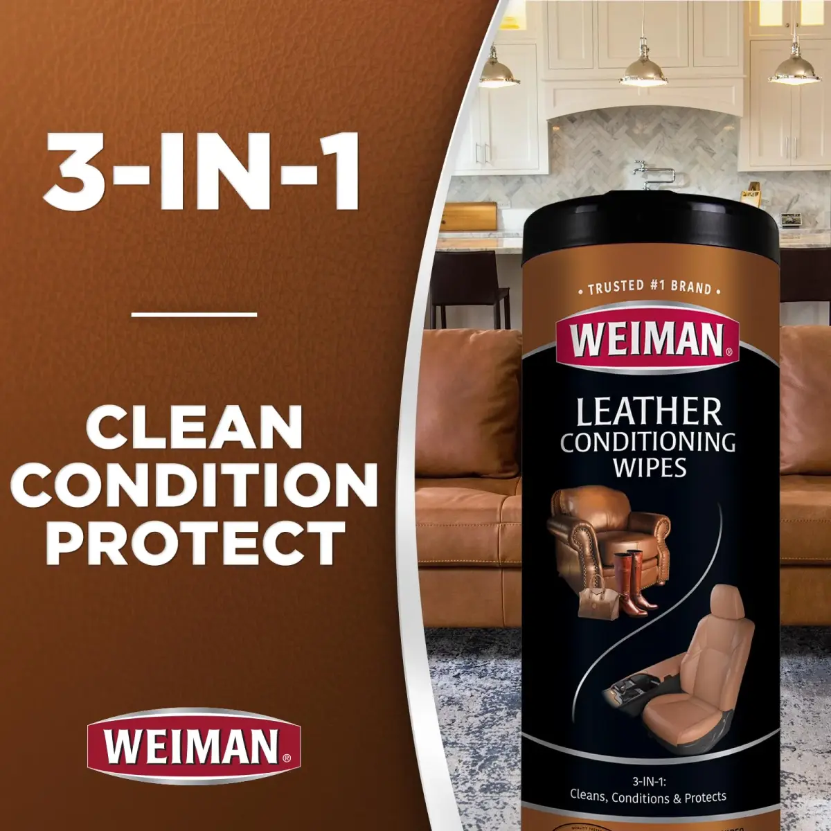 Weiman Leather Cleaner & Conditioner Wipes With UV Protection, 30 ct | Prevents Cracking & Fading on Auto Seats, Shoes, Purses - view 3