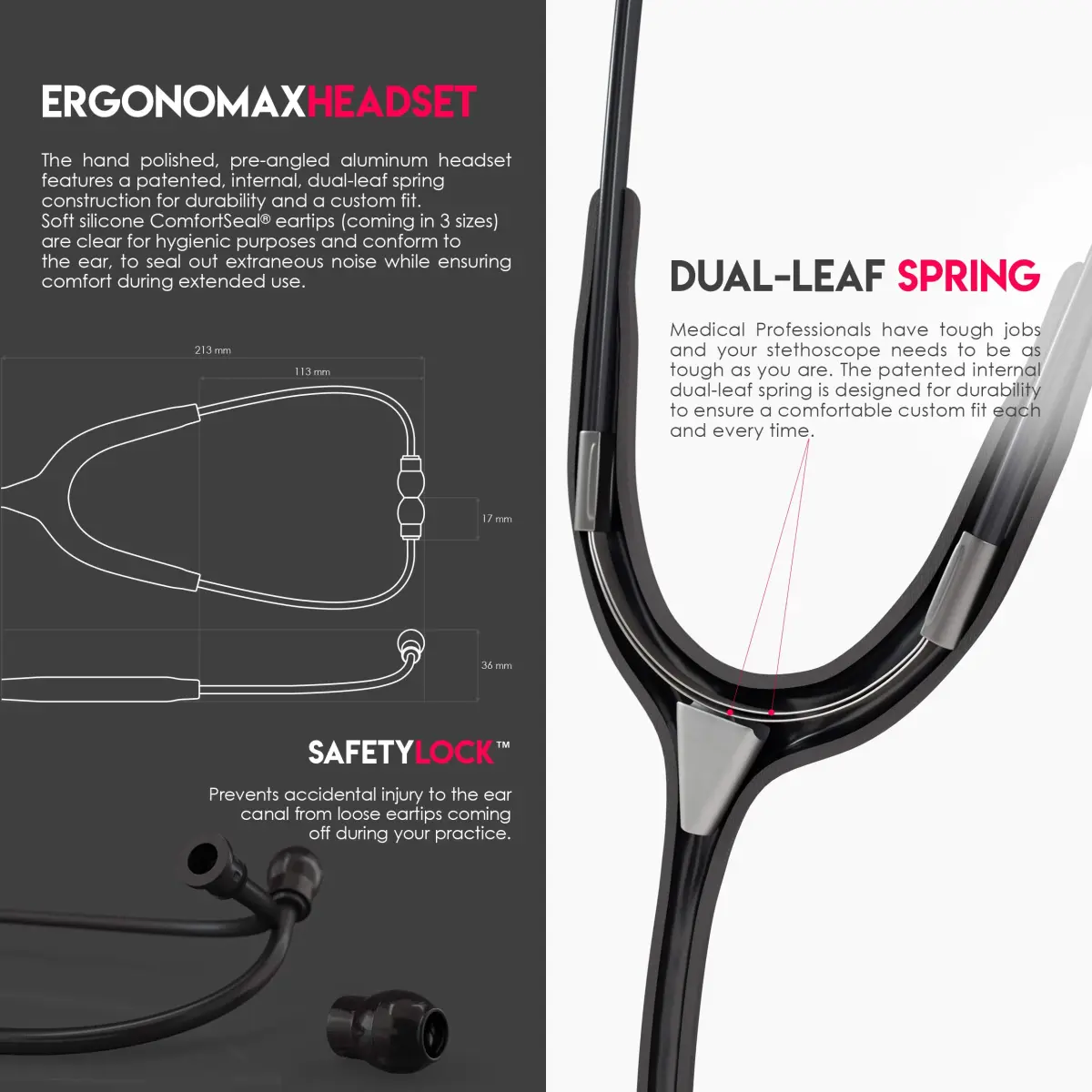 MDF Instruments Acoustica Lightweight Stethoscope for Doctors & Nurses, Black Tube, 79cm (31.2 inches) | Dual Head Acoustic Stethoscope - view 5