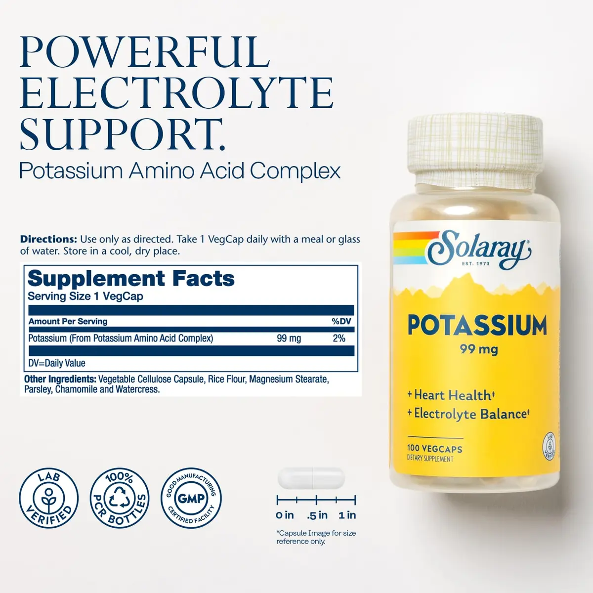 SOLARAY Potassium Supplement Capsules, 100 VegCaps | Supports Heart & Electrolyte Balance - view 2