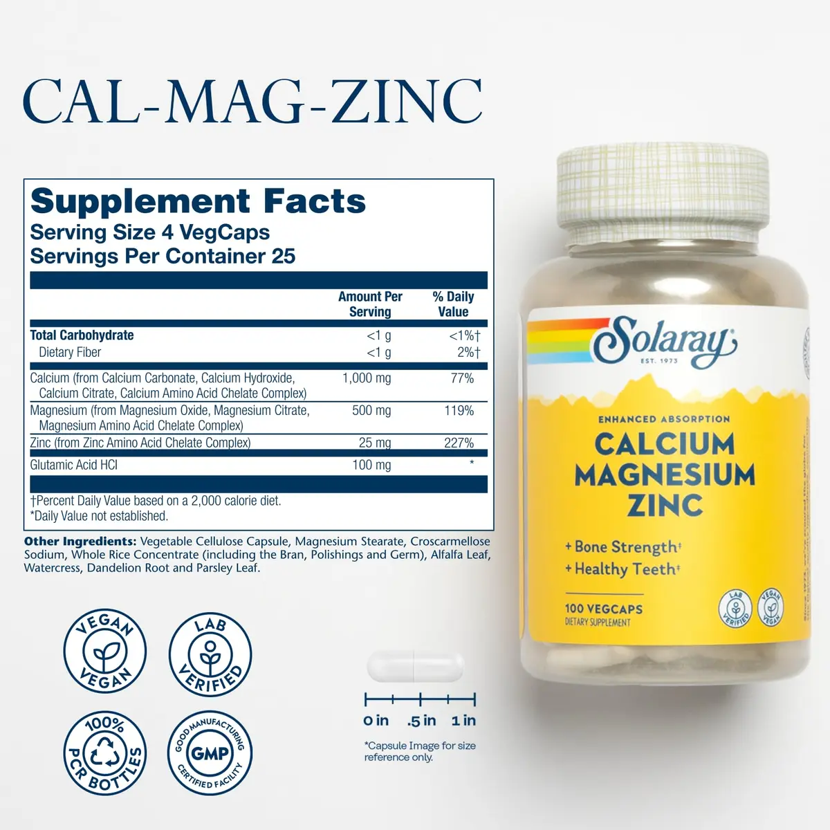 Solaray Calcium Magnesium Zinc, 100 CT | Supports Bone & Heart Health, Immune Boost, Vegan - view 2