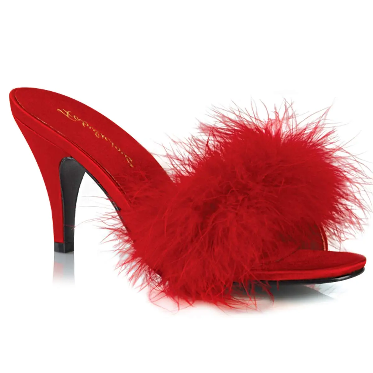 Pleaser Fabulicious Women's Amour-03 Marabou Slipper | 3" Heel, Satin & Feather, Red Pu-fur, Adult Dressy - main product image