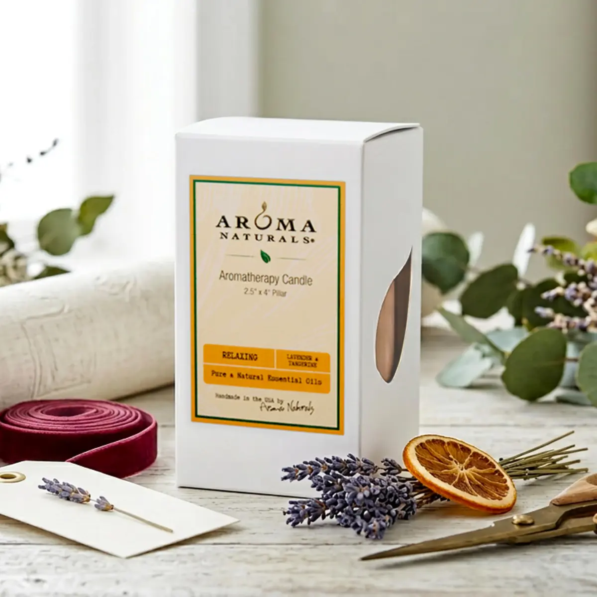 Aroma Naturals Lavender & Tangerine Pillar Candle 6.4cm x 10.2cm (2.5" x 4") | Relaxing Aromatherapy Scent - view 4