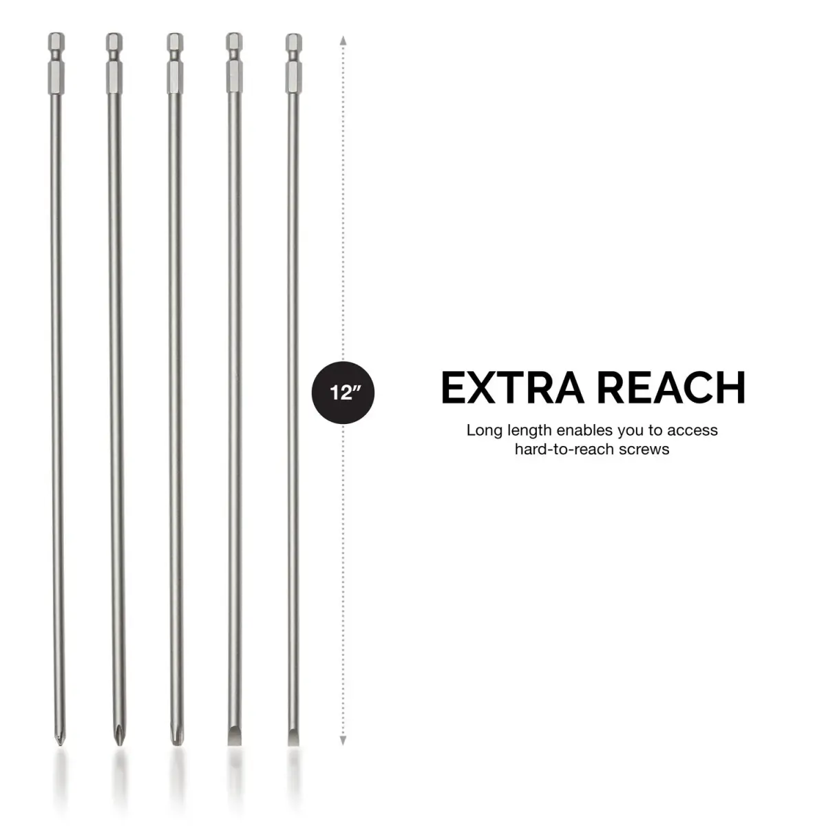 NEIKO Extra Long 12-Inch Phillips and Slotted Screwdriver Bit Set | 5-Piece | 30.48 cm (12 Inch) | Cr-V Steel | 1/4-Inch Hex Shank - view 3