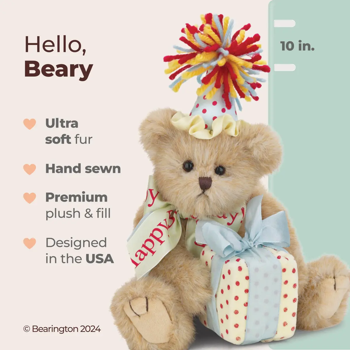 Bearington Birthday Bear Stuffed Animal 10" | Realistic Plush Teddy for Kids & Toddlers - view 2