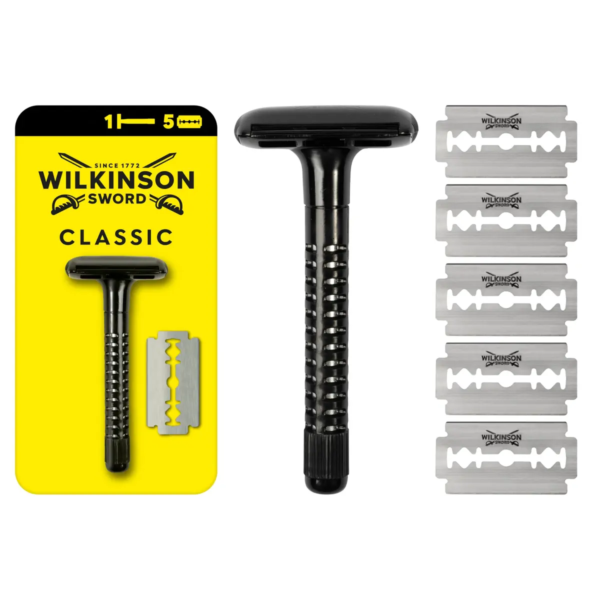 Wilkinson Sword Classic Safety Razor with 5 Blades | Metal Core, Retro Design, Double-Edged - main product image