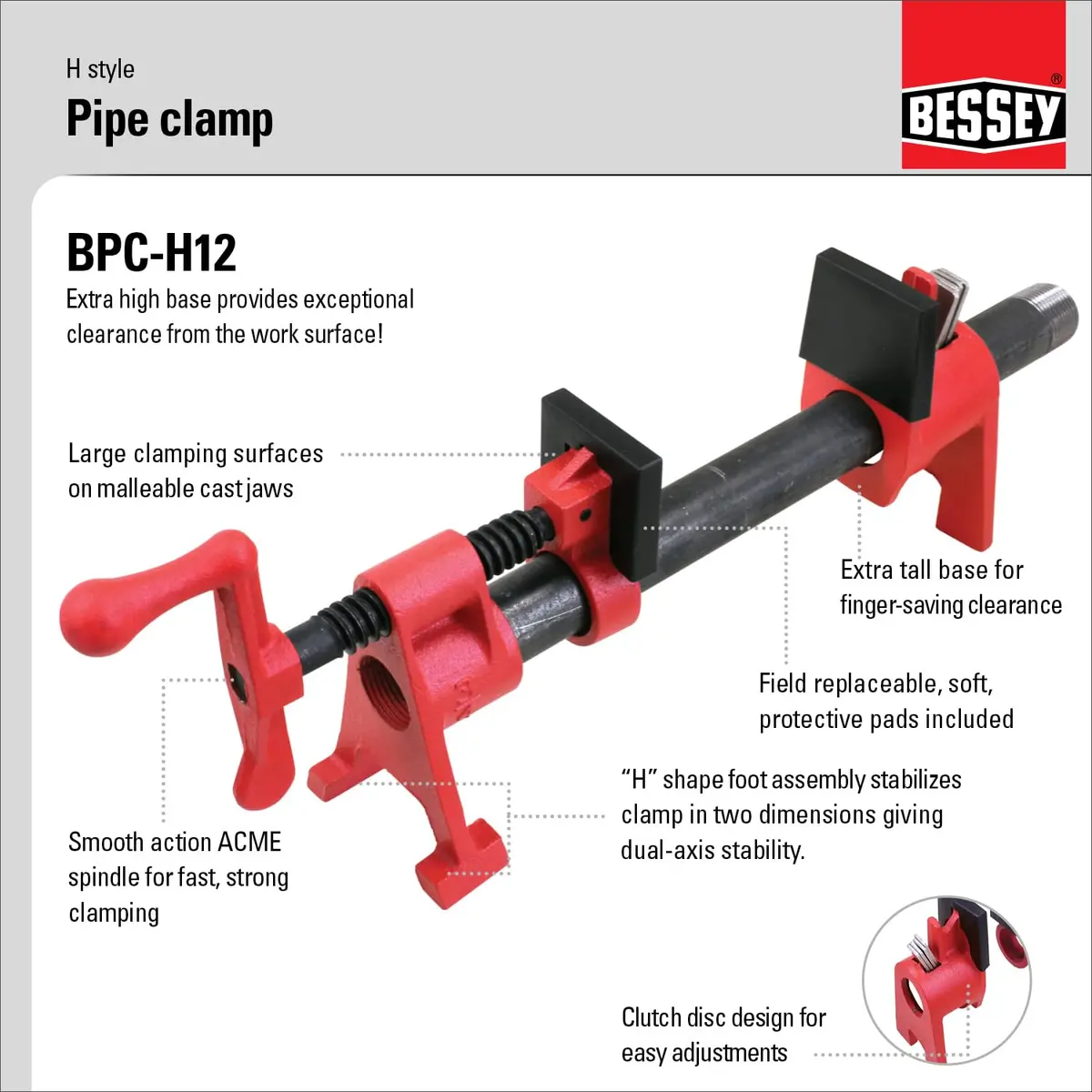 Bessey BPC-H12 1/2 Inch H Style Pipe Clamp | Versatile Workshop Tool for Woodworking & DIY - view 2