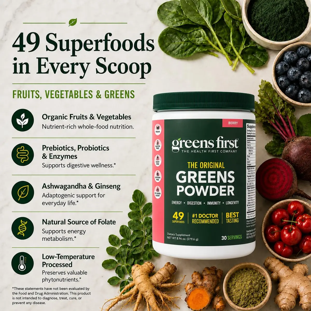 Greens First Original Greens Powder, Berry, 8.96 Ounce (Pack of 1) | 49 Superfoods & Gut Support - view 3
