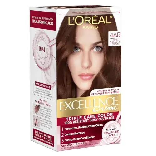 L'Oreal Paris Excellence Crème Permanent Hair Dye 4AR Dark Chocolate Brown | Triple Care Color Routine with Hyaluronic Acid - main product image