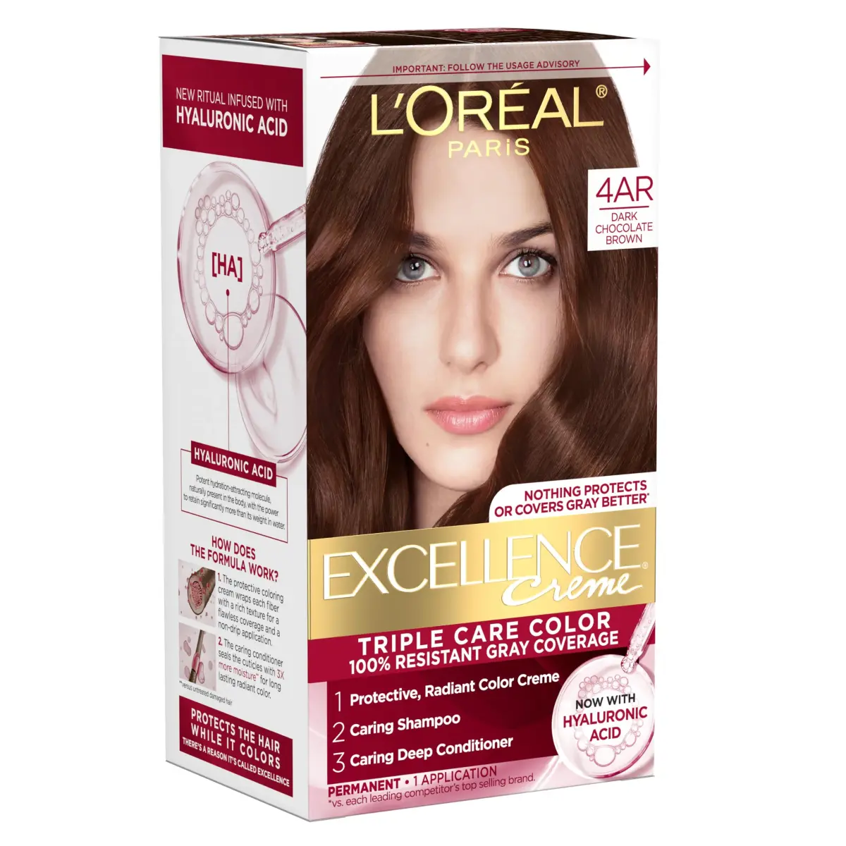 L'Oreal Paris Excellence Crème Permanent Hair Dye 4AR Dark Chocolate Brown | Triple Care Color Routine with Hyaluronic Acid - main product image