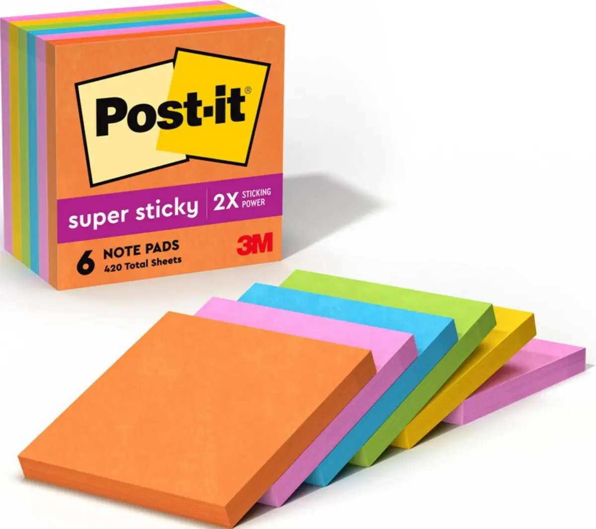 Post-it Super Sticky Notes, 3 x 3 in, Neon Fizz, 6 Pads, 70 Sheets/Pad | 2X Sticking Power - main product image