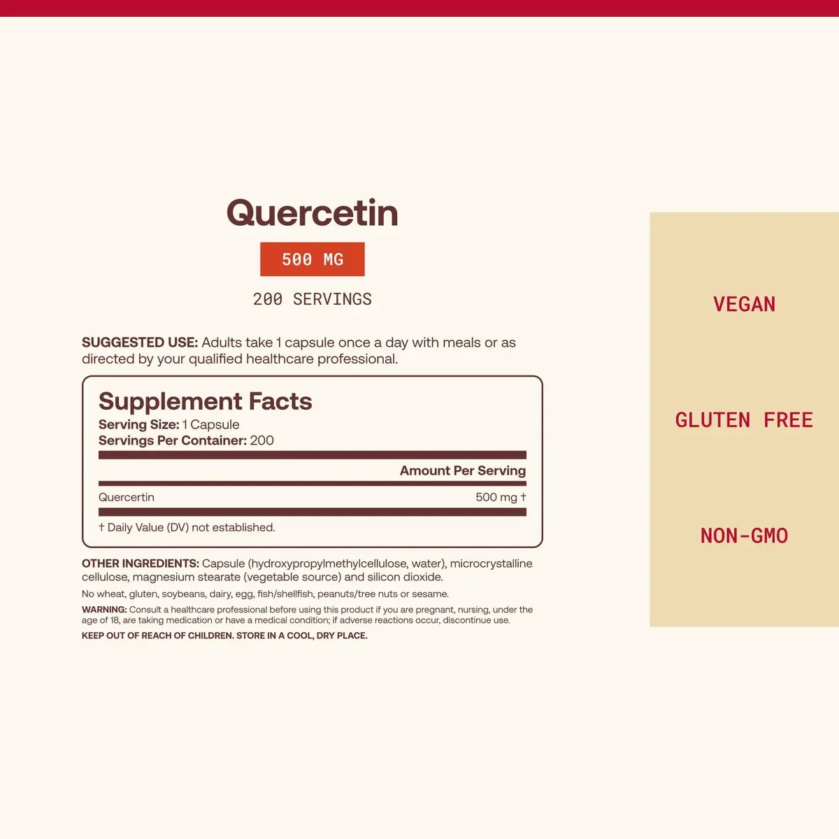 Jarrow Formulas Quercetin 500mg Capsules for Cardiovascular & Immune Health, 200 Count (90.7g) - view 4