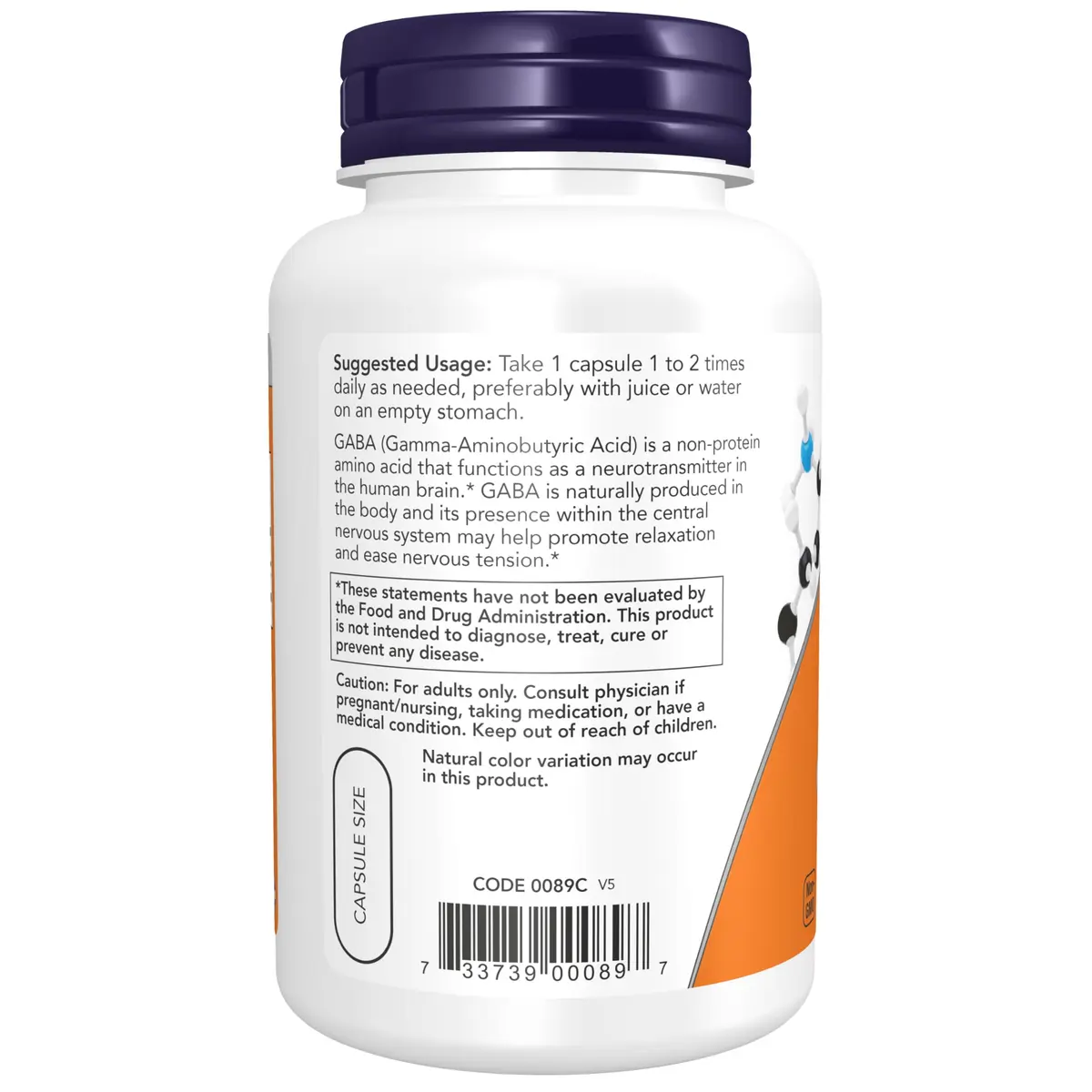NOW Supplements GABA 750mg Cognitive Support 100 Veg Caps | Neurotransmitter Support - view 3
