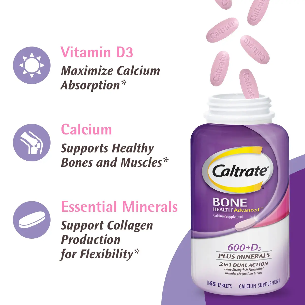 Caltrate 600 Plus D3 Plus Minerals Calcium and Vitamin D Supplement Tablets 165 Count | Bone Strength & Flexibility - view 5