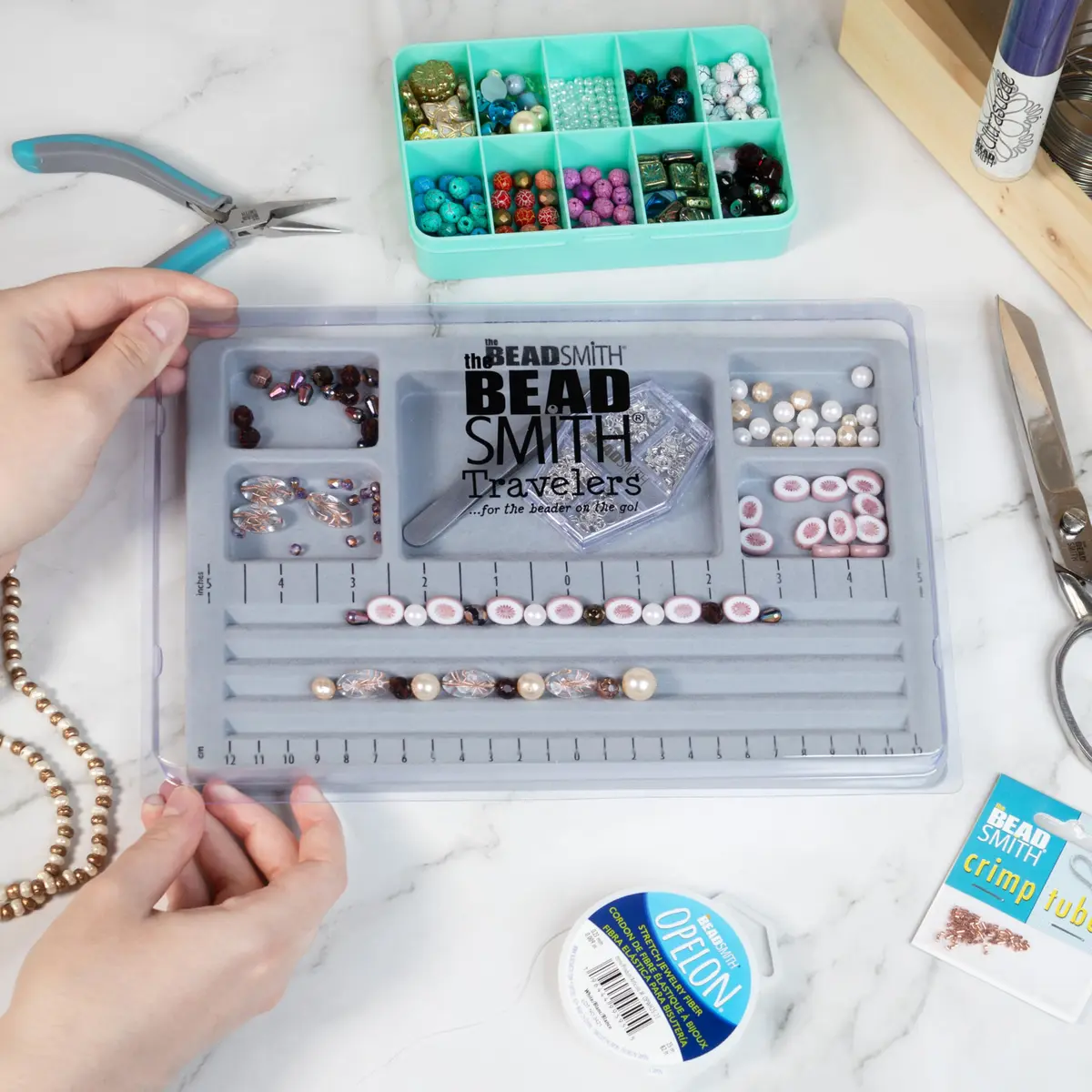 The Beadsmith Mini Bead Board Grey Flocked 19cm x 28.3cm | Design Bracelets & Necklaces with 4 Channels & 5 Compartments - view 2