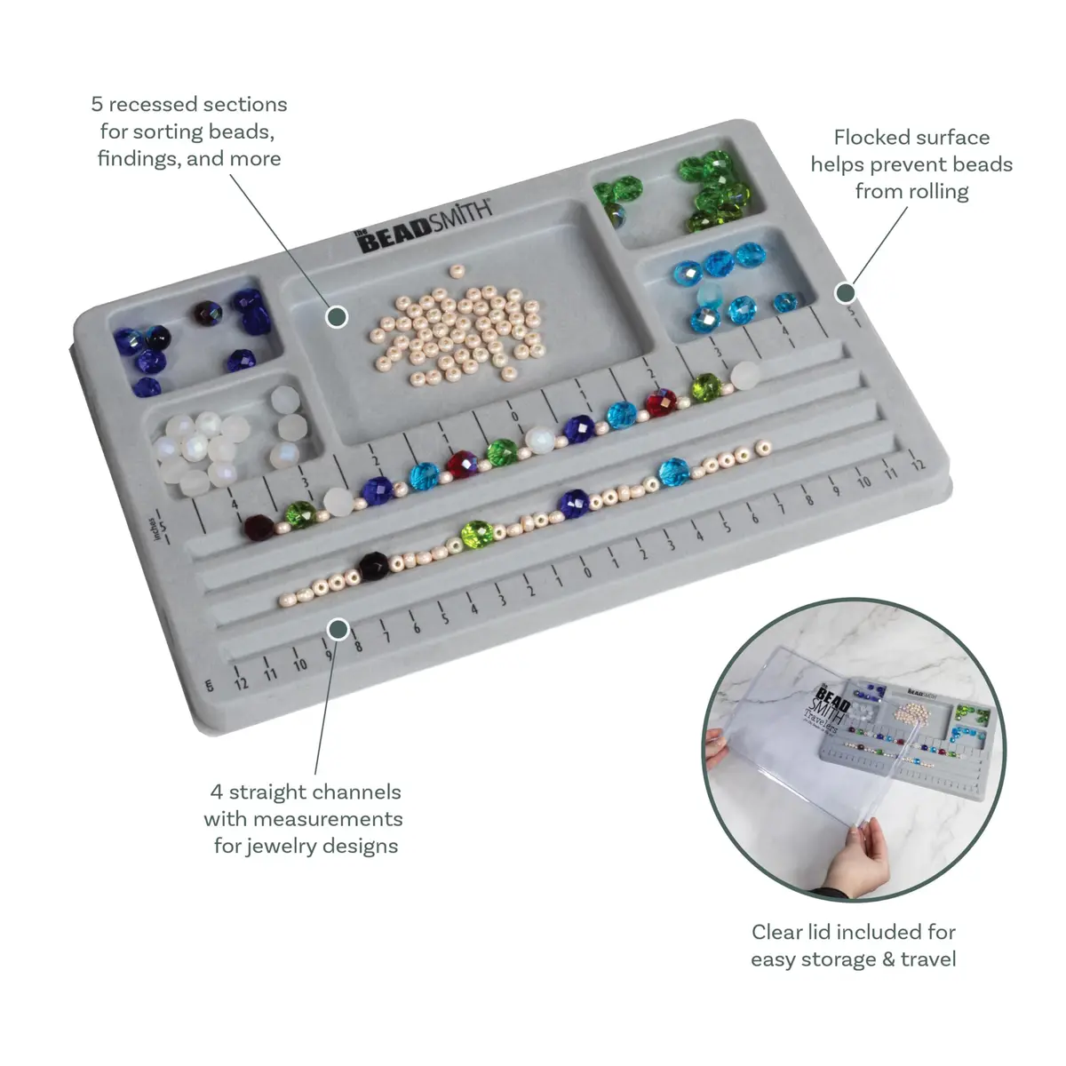 The Beadsmith Mini Bead Board Grey Flocked 19cm x 28.3cm | Design Bracelets & Necklaces with 4 Channels & 5 Compartments - view 4