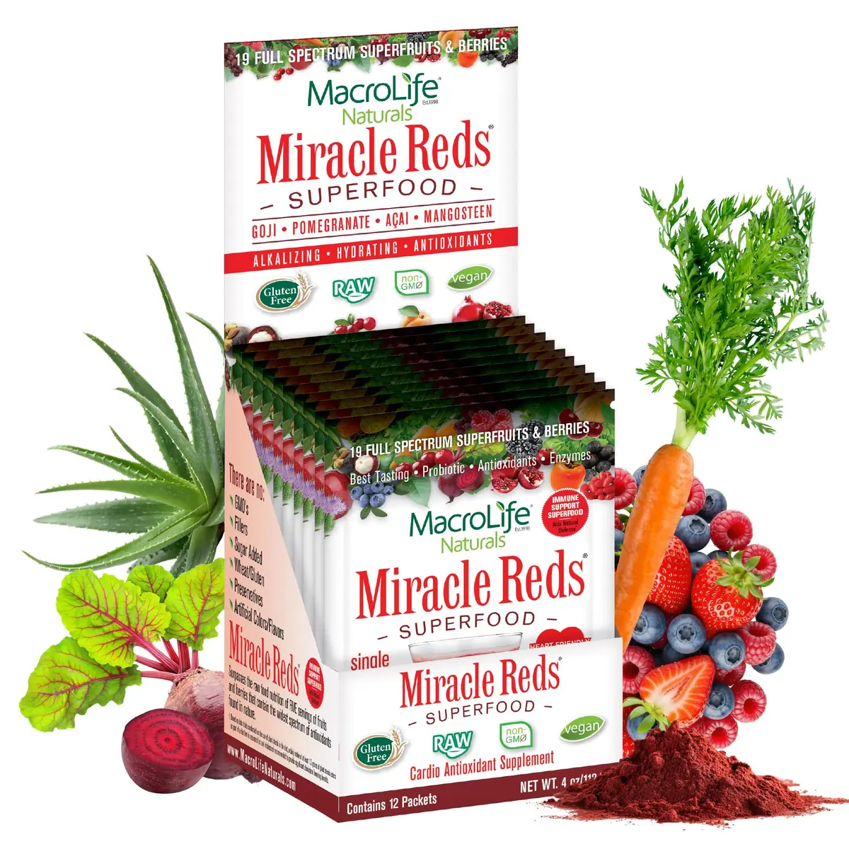 MacroLife Naturals Miracle Reds Superfood Powder, 4 Oz | 19 Fruits, Vegan, Gluten-Free, 12 Packets - main product image