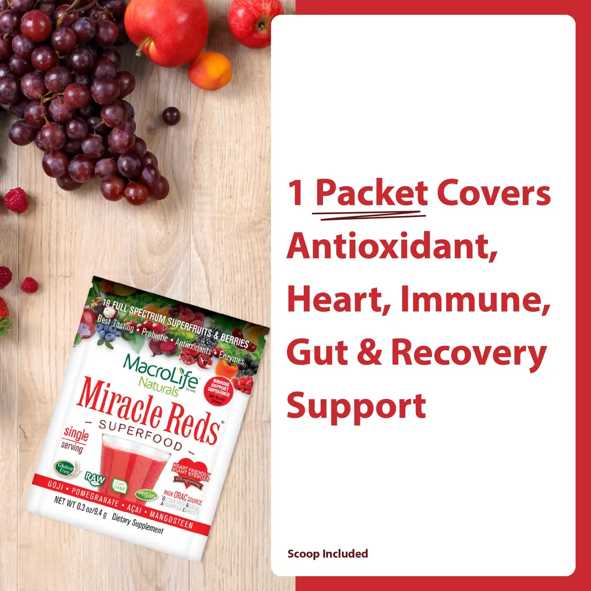 MacroLife Naturals Miracle Reds Superfood Powder, 4 Oz | 19 Fruits, Vegan, Gluten-Free, 12 Packets - view 3