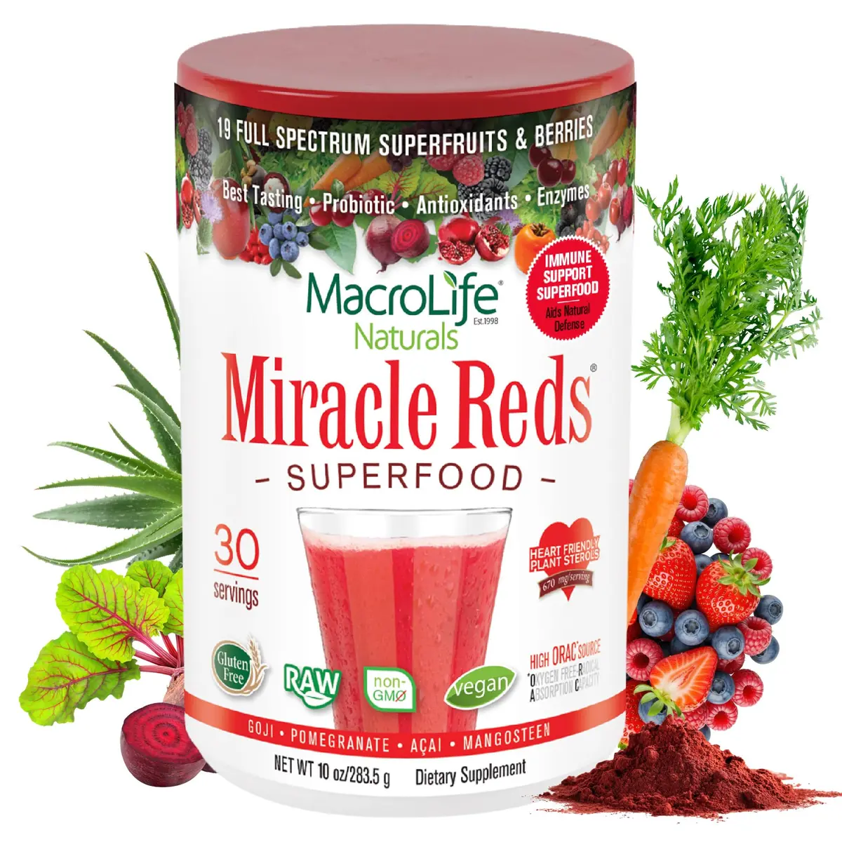 MacroLife Naturals Miracle Reds Superfood Powder, 10oz | 19 Superfruits & Antioxidants for Daily Wellness - main product image