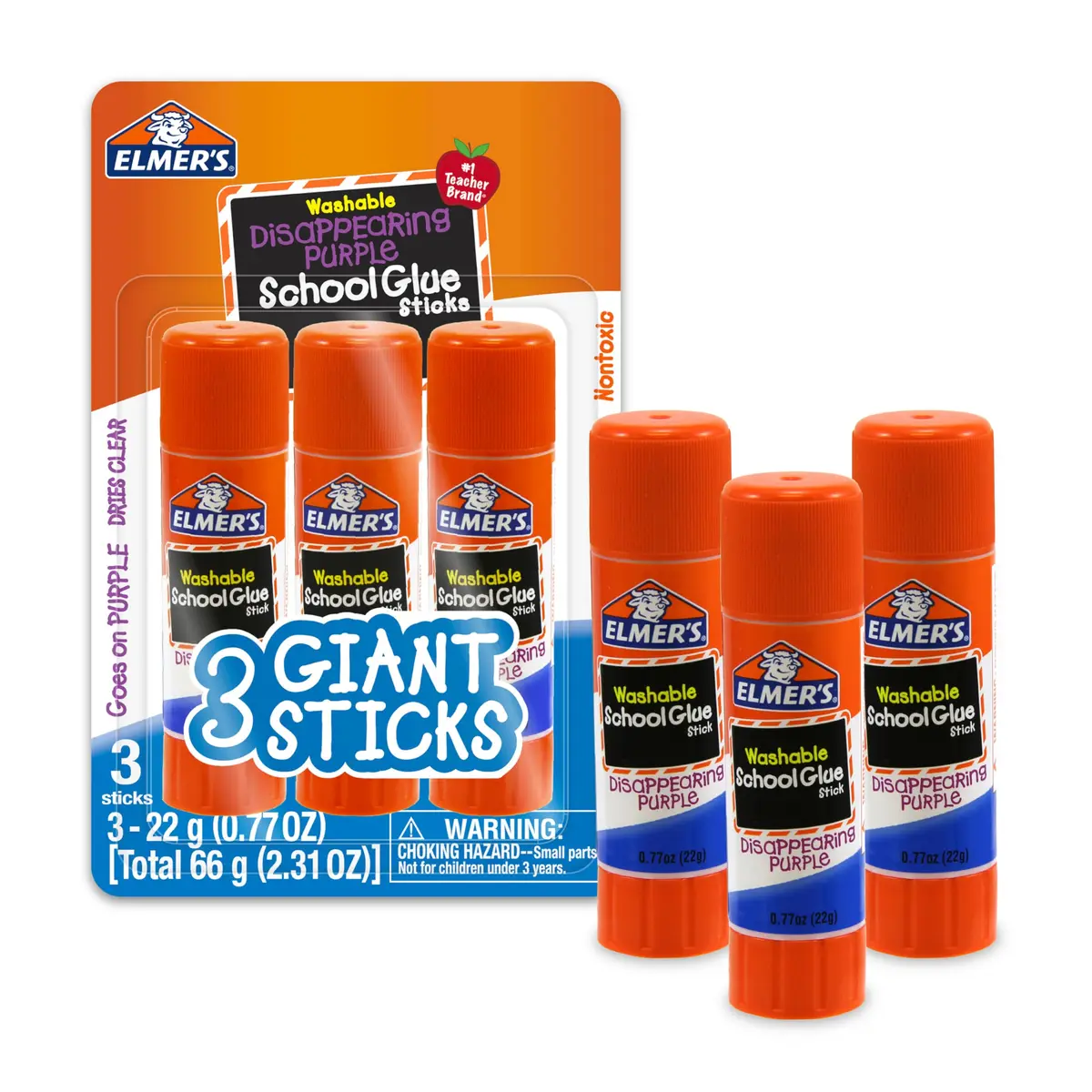 Elmer's Disappearing Purple School Glue Sticks, Washable, 3 Count (22g Each) | #1 Teacher Brand - main product image