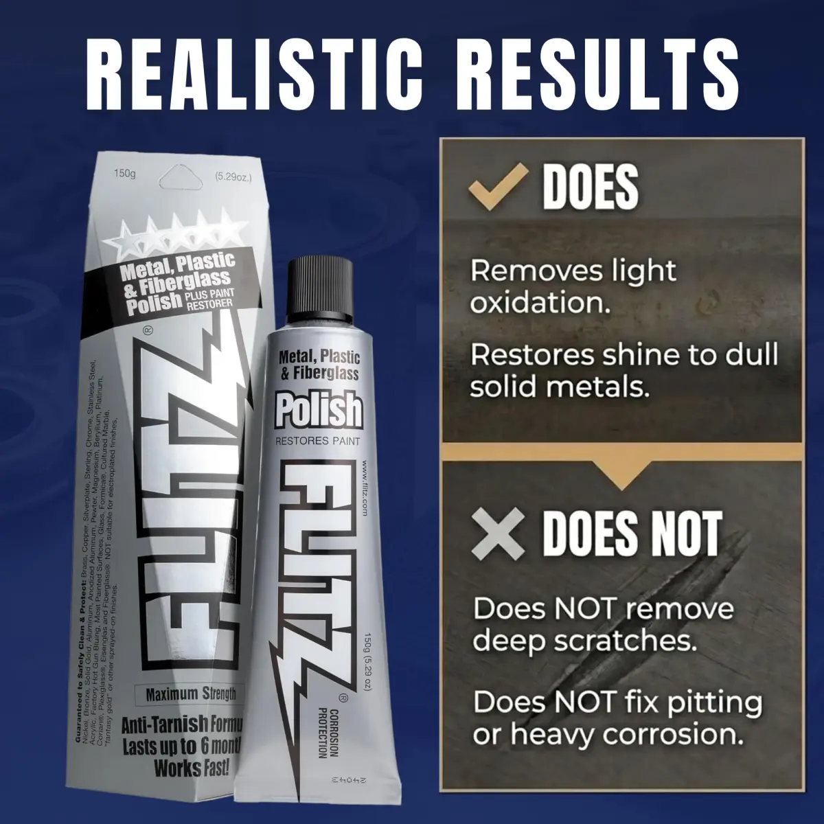 Flitz Metal Polish Paste 150g (5.29oz) | Solid Chrome, Stainless Steel, Aluminum Polish for Light Oxidation - view 6