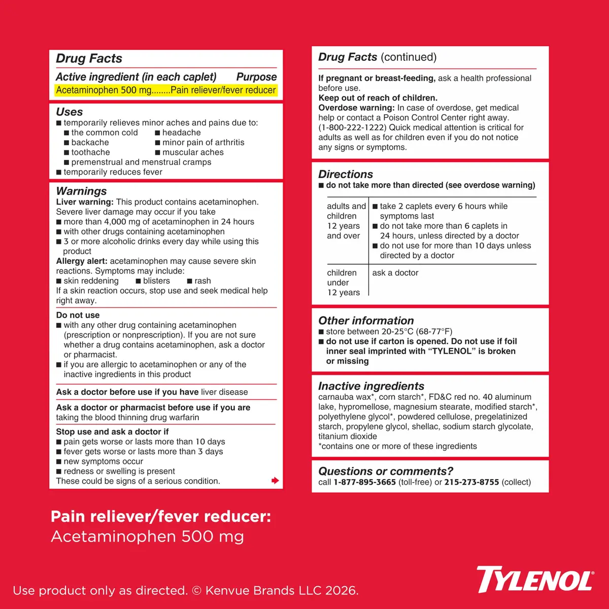 Tylenol Extra Strength Acetaminophen 500 mg Caplets | Fast Pain & Fever Relief for Adults & Kids 12+ - view 8