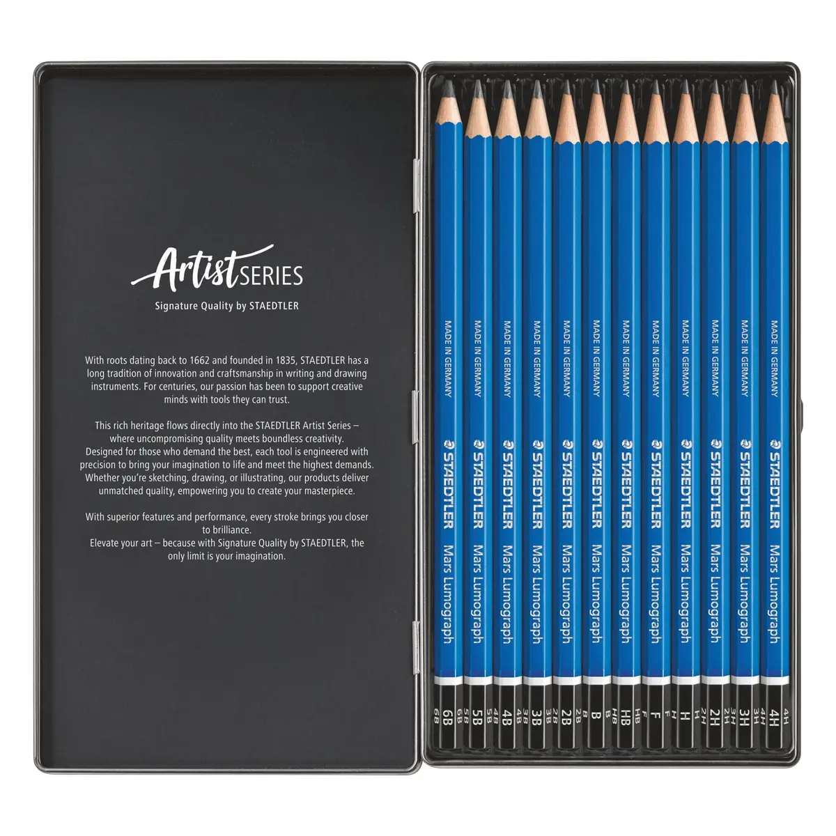STAEDTLER Mars Lumograph Art Drawing Pencils 12-Piece Gift Set in Metal Tin | Versatile Graphite Range for Artists - view 3