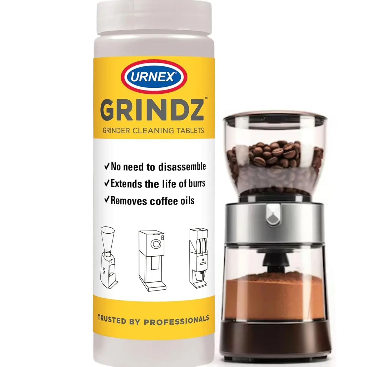 Urnex Grindz Professional Coffee Grinder Cleaning Tablets 102 Count | Cleans Burr and Casing - main product image