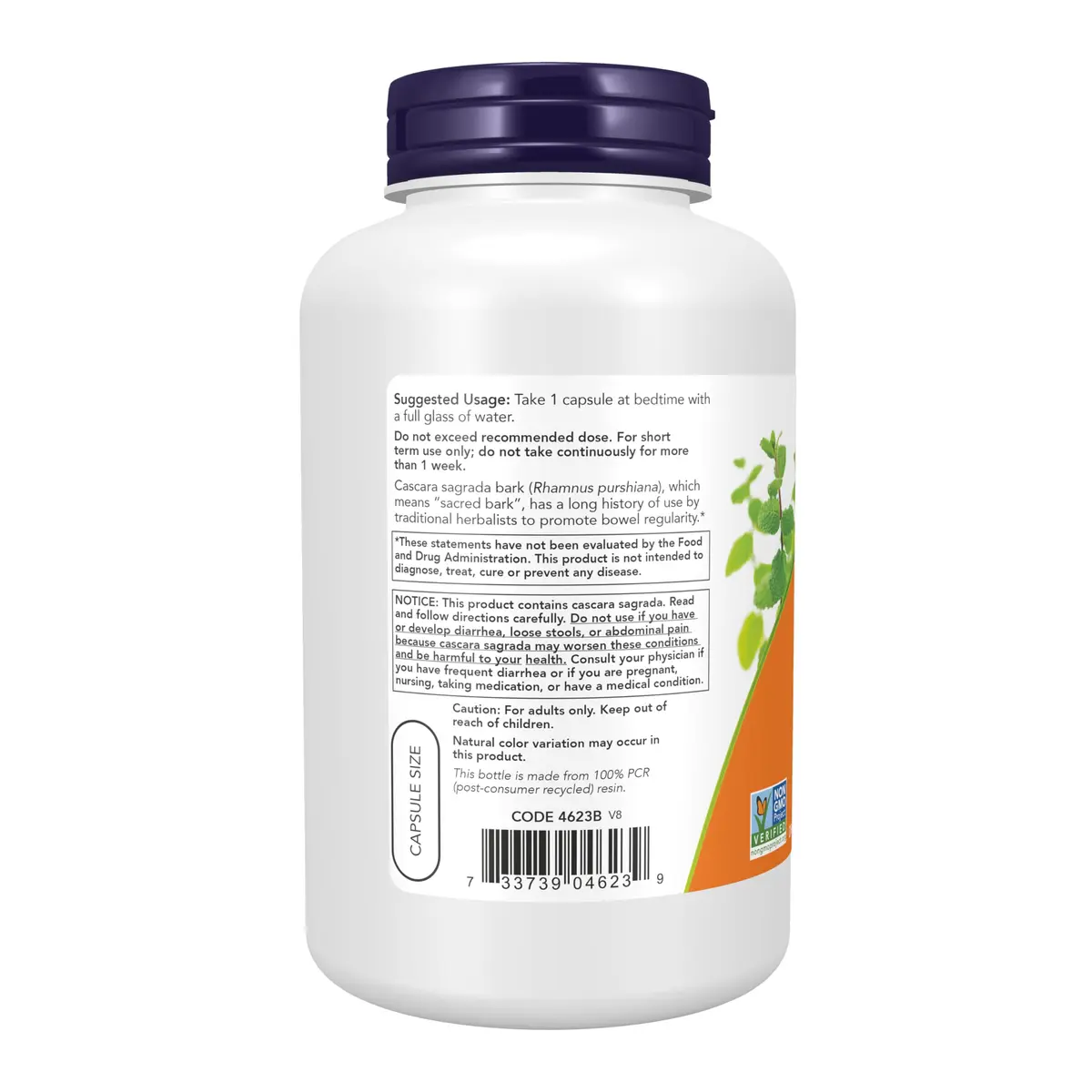 NOW Cascara Sagrada 450 mg Herbal Regularity 250 Veg Caps | Promotes Bowel Function - view 3