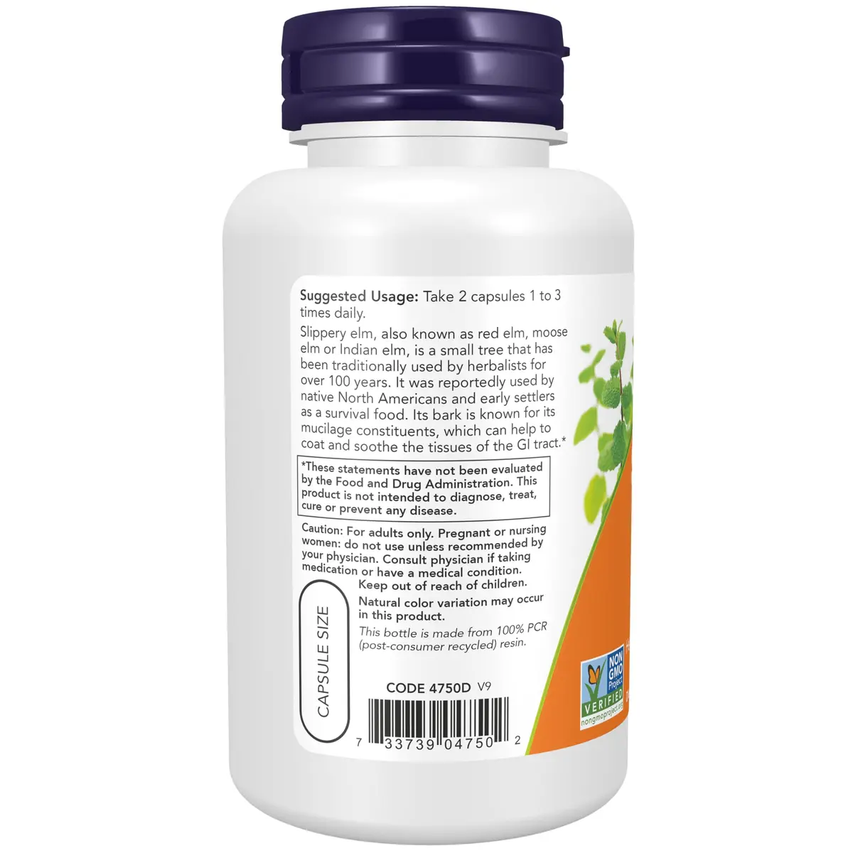 NOW Supplements Slippery Elm 400 mg | Herbal GI Support, 100 Veg Caps, Unflavoured - view 3
