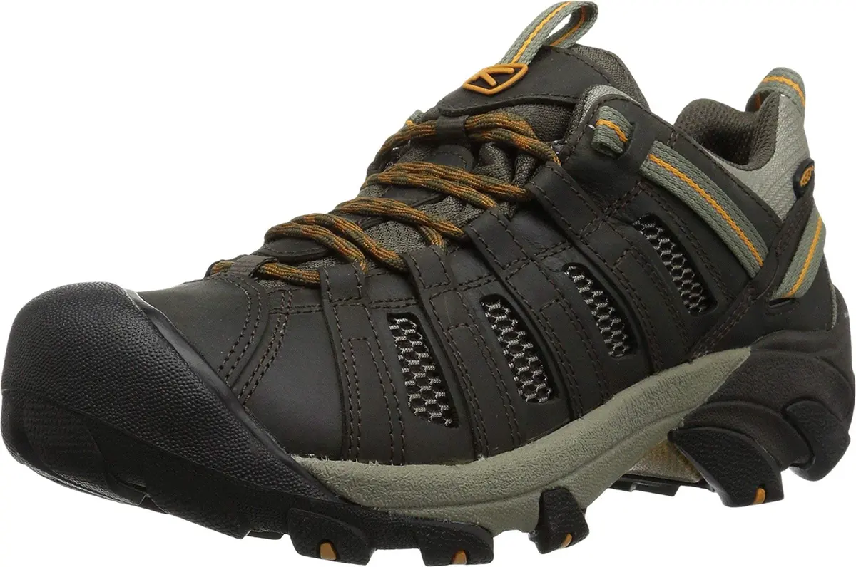 KEEN Voyageur Low Height Breathable Hiking Shoes, Black Olive/Inca Gold, 9 US | Water-Resistant Leather & Mesh - main product image