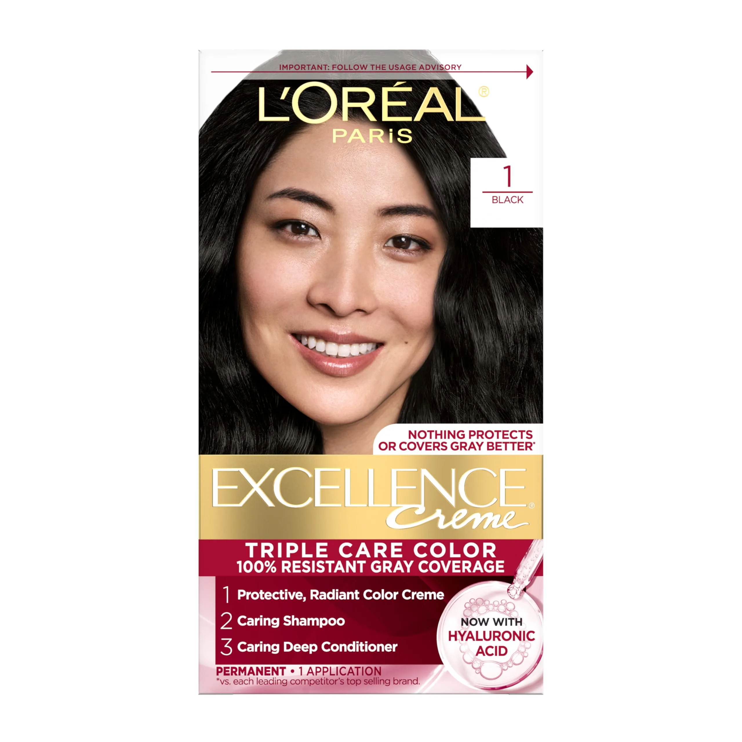 L'Oreal Paris Excellence Crème Permanent Hair Dye Black | Triple Care Color with Hyaluronic Acid for 100% Gray Coverage - main product image
