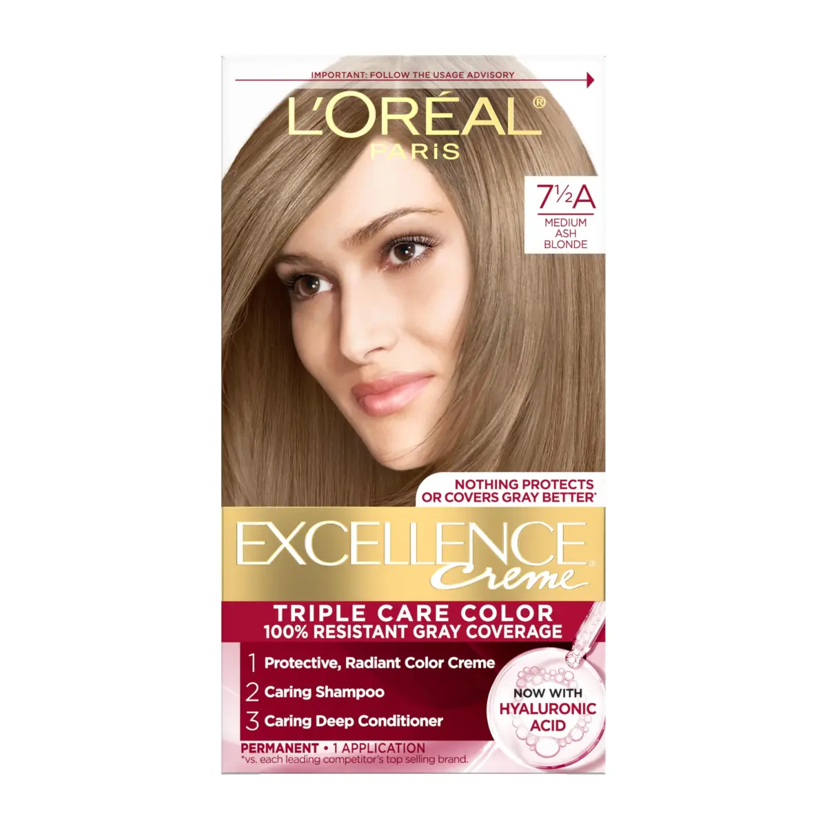 L'Oreal Paris Excellence Crème Permanent Hair Dye 7.5A Medium Ash Blonde | Triple Care Color with Hyaluronic Acid for 100% Gray Coverage - main product image
