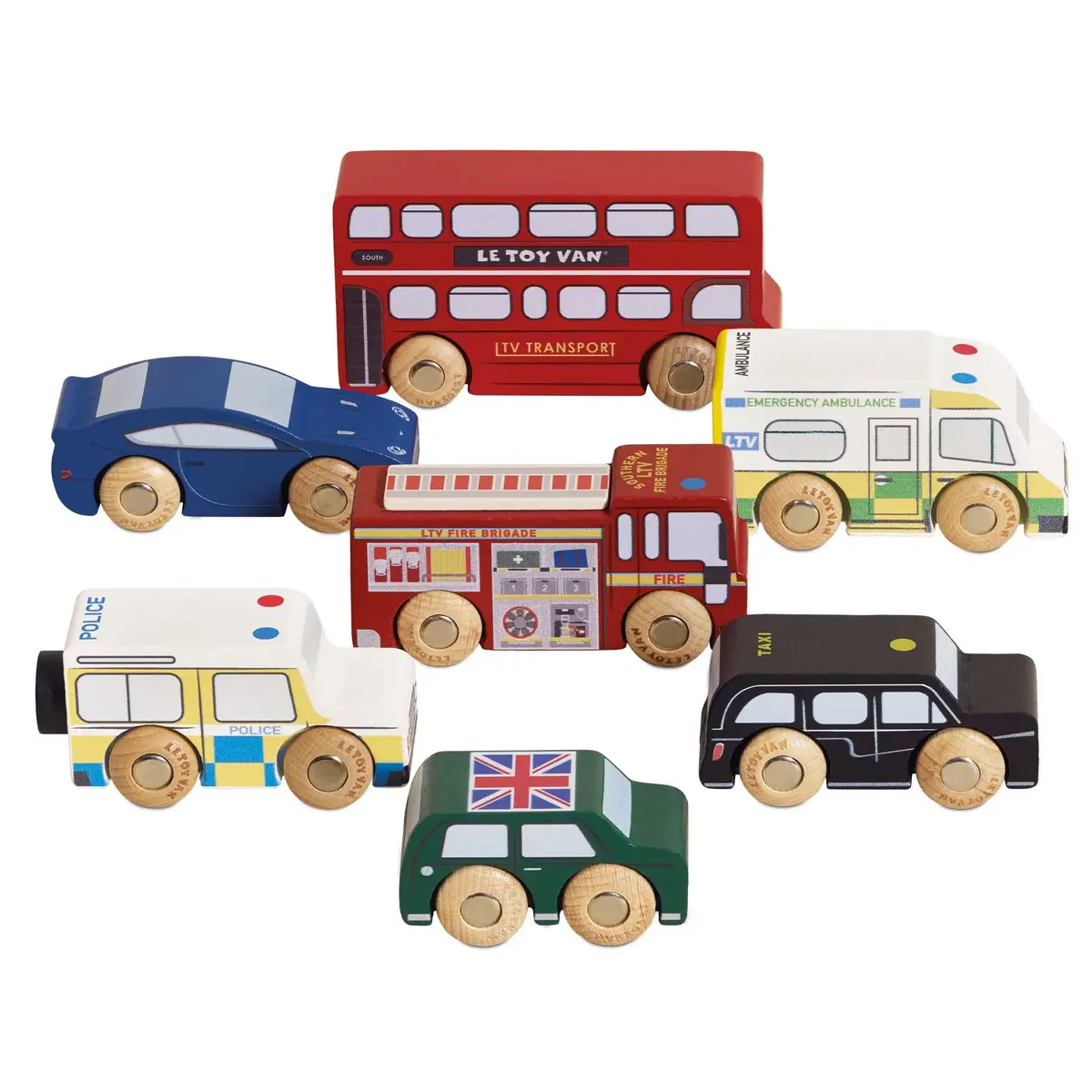 Le Toy Van London Car Set Premium Wooden Toys for Kids Ages 3 Years & Up (TV267), 7-pk | London-Themed Wooden Vehicles - main product image