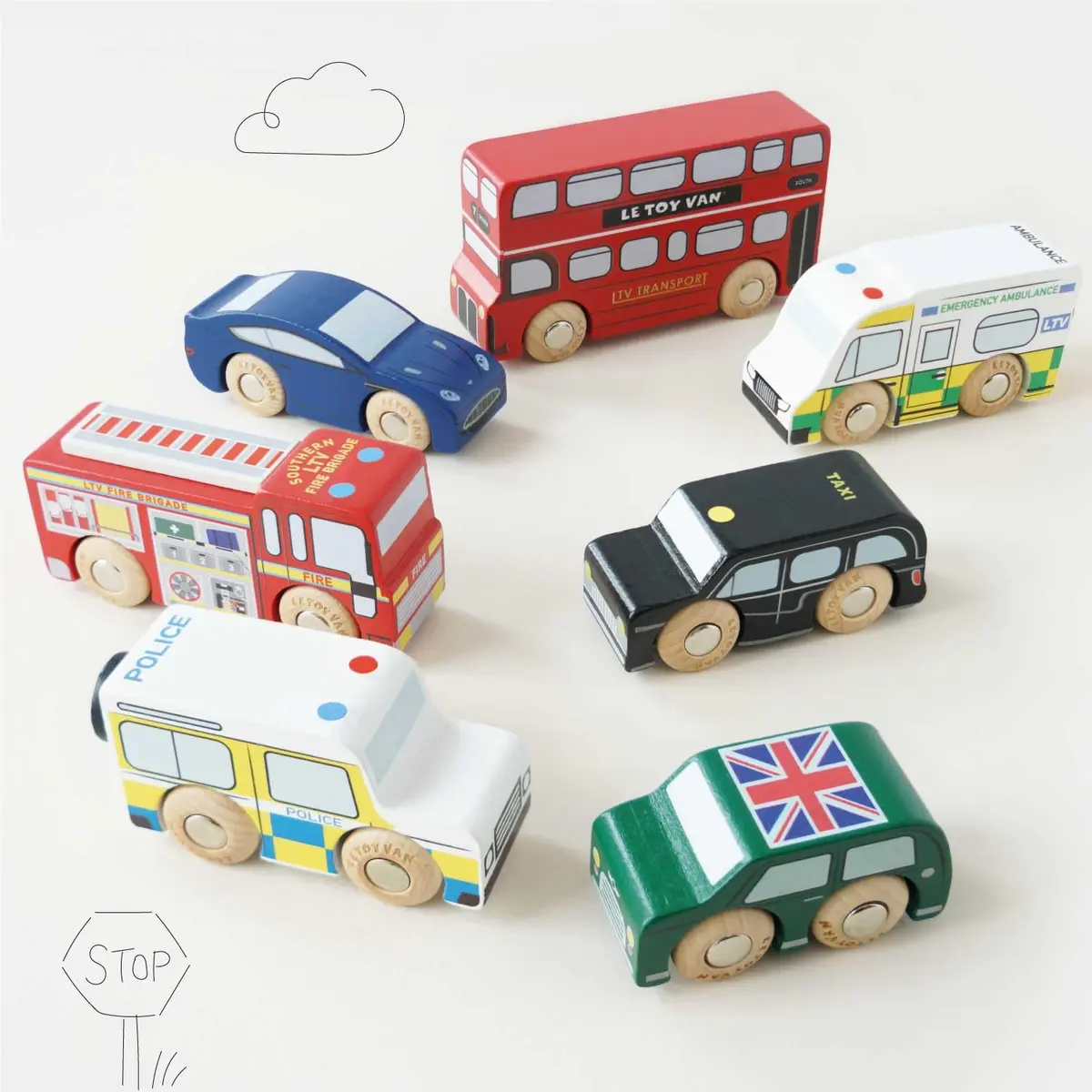 Le Toy Van London Car Set Premium Wooden Toys for Kids Ages 3 Years & Up (TV267), 7-pk | London-Themed Wooden Vehicles - view 3