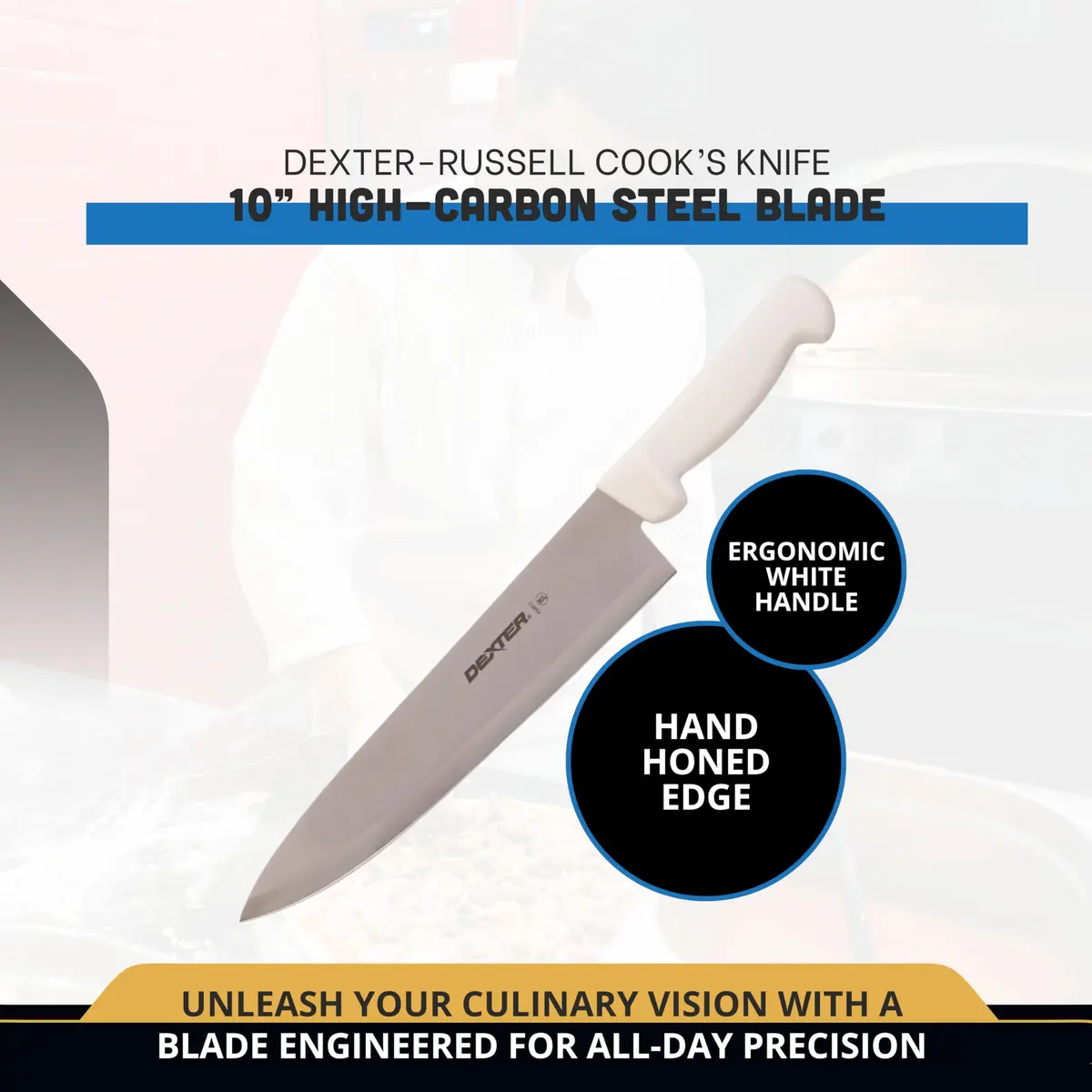Dexter 10” Cook’s Knife – P94802, High-Carbon Stainless Steel Blade, White Handle, Hand-Honed Edge, Made in USA | Precision Slicing - view 2