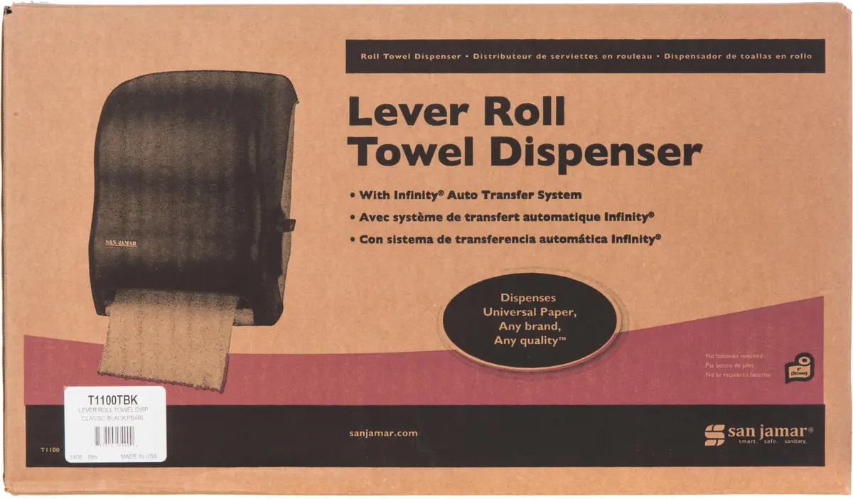 San Jamar T1100TBK Lever Roll Towel Dispenser w/o Transfer Mechanism- Black | Durable Plastic, Wall Mount, Easy Refill - view 6