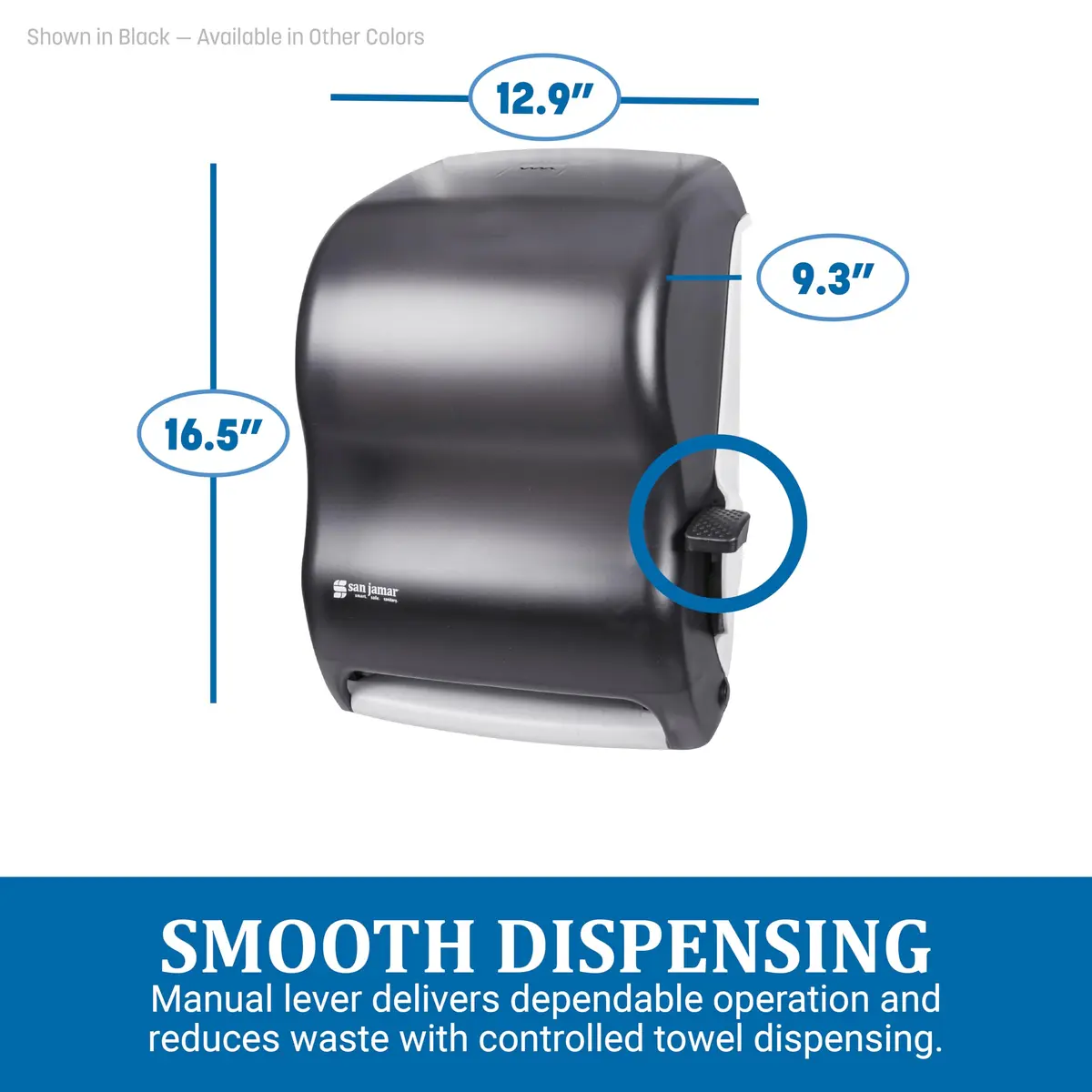 San Jamar T1100TBK Lever Roll Towel Dispenser w/o Transfer Mechanism- Black | Durable Plastic, Wall Mount, Easy Refill - view 3