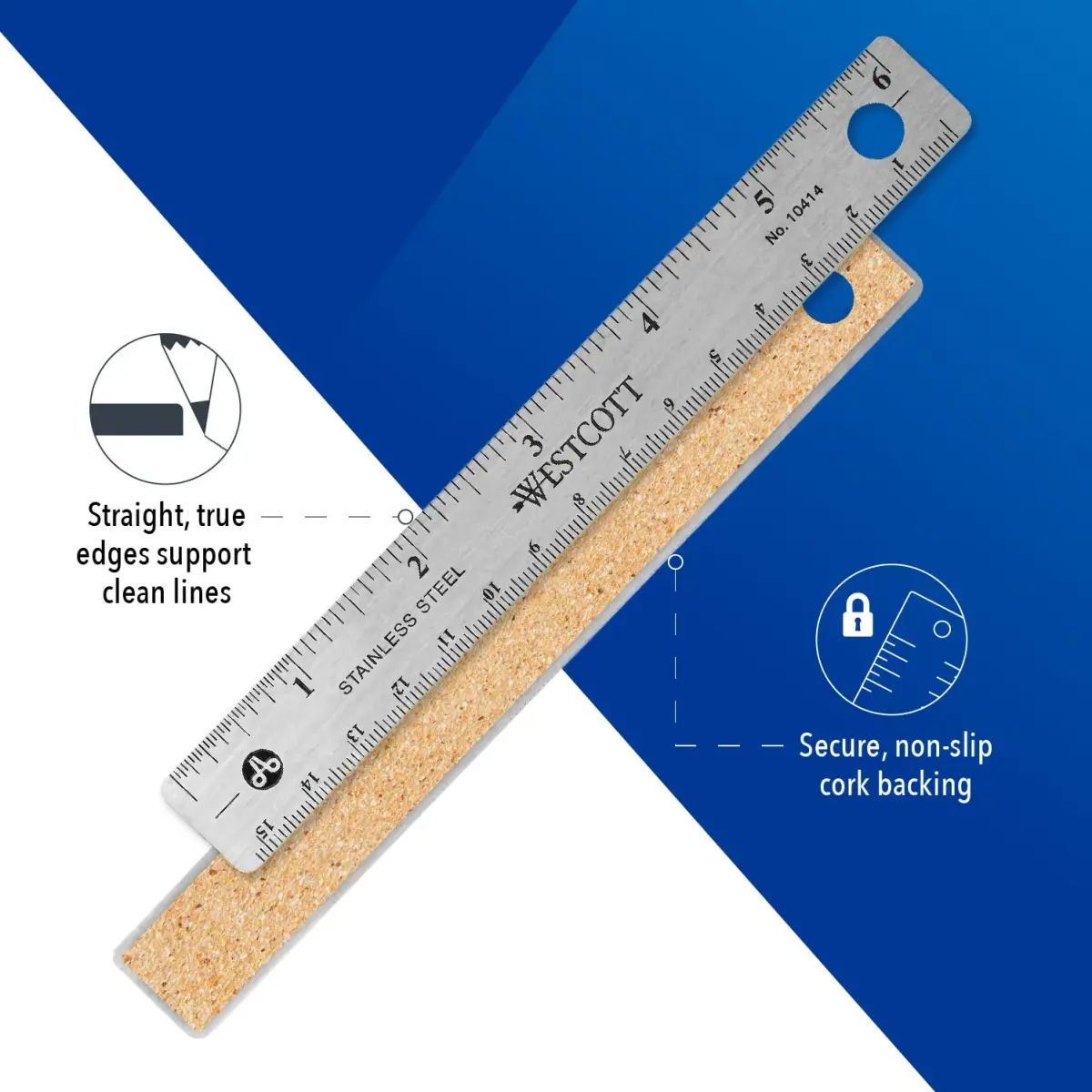 Westcott Stainless Steel Metal Ruler with Non-Slip Cork Base, 6 Inch (15.24 cm) | Precision Measurement Tool - view 3