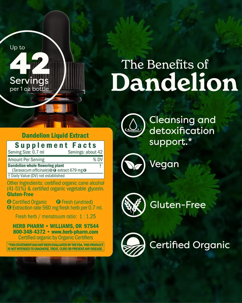 Herb Pharm Organic Dandelion Liquid Extract Drops 1 Fl Oz | Supports Detox & Cleansing - view 2