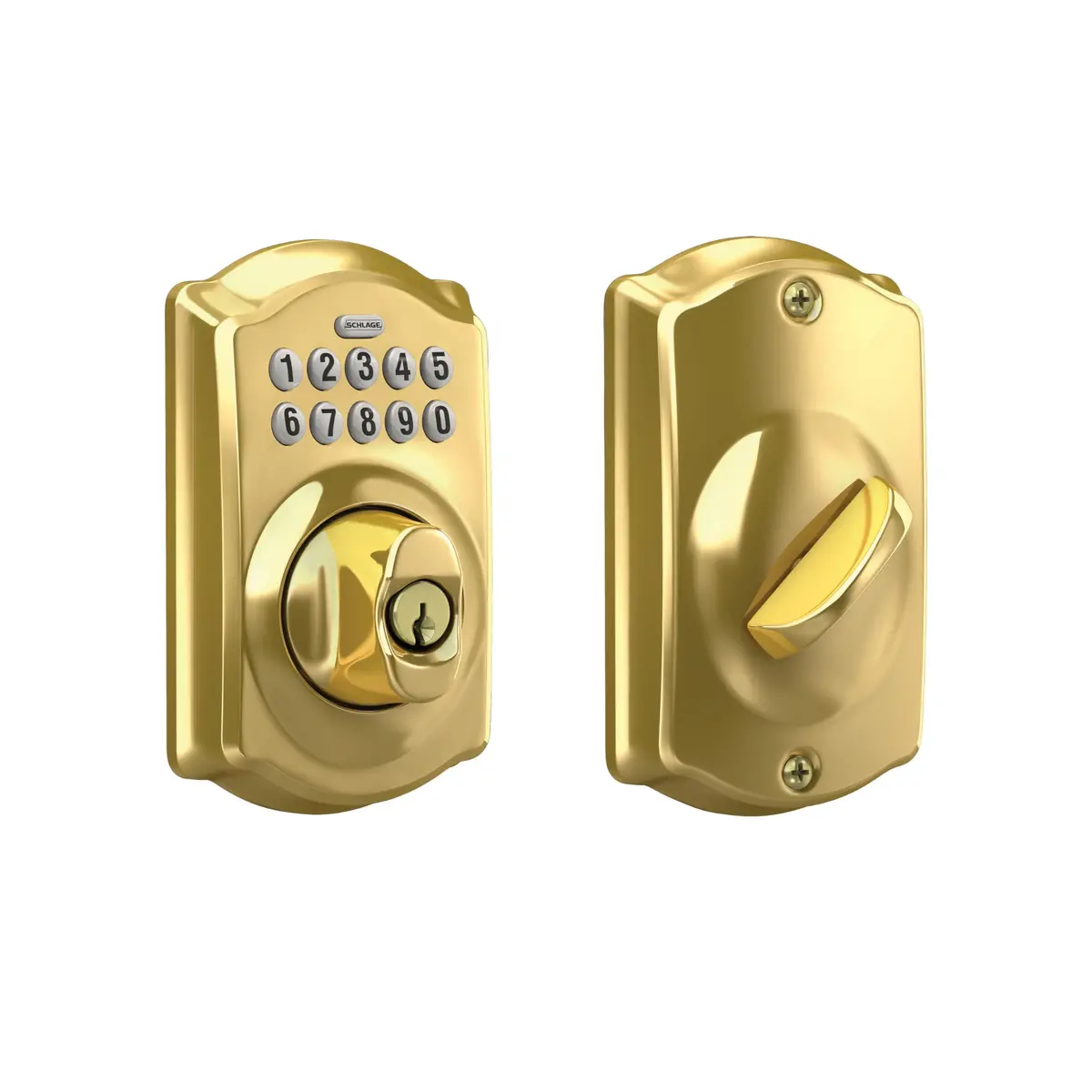 Schlage Electronic Keypad Deadbolt Lock Camelot Bright Brass | Keyless Security & Easy Install - main product image