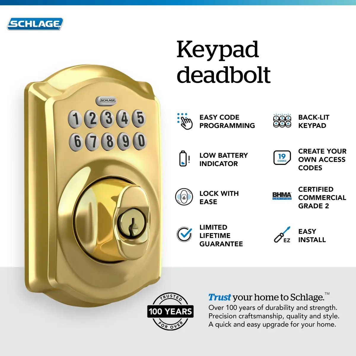 Schlage Electronic Keypad Deadbolt Lock Camelot Bright Brass | Keyless Security & Easy Install - view 2