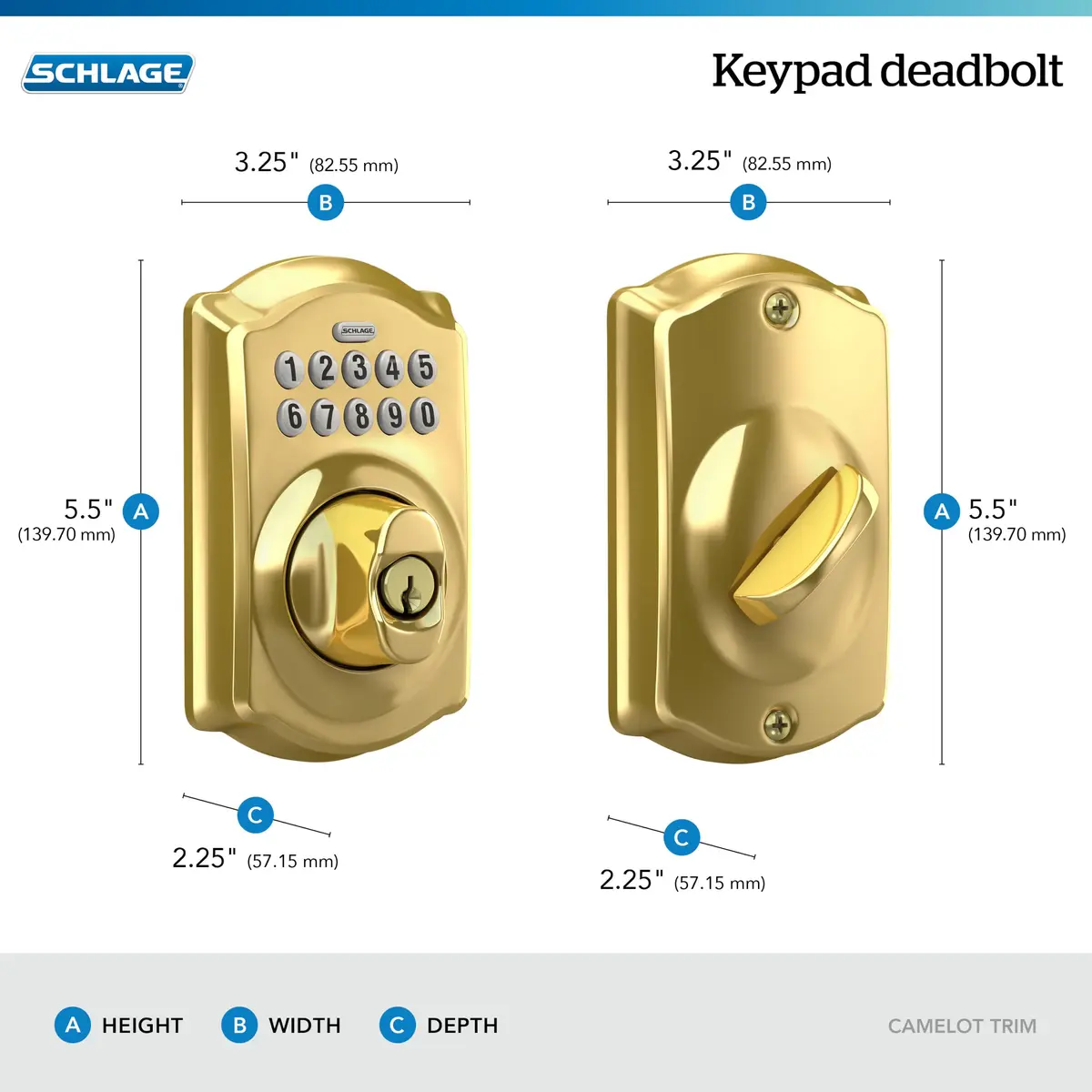 Schlage Electronic Keypad Deadbolt Lock Camelot Bright Brass | Keyless Security & Easy Install - view 3
