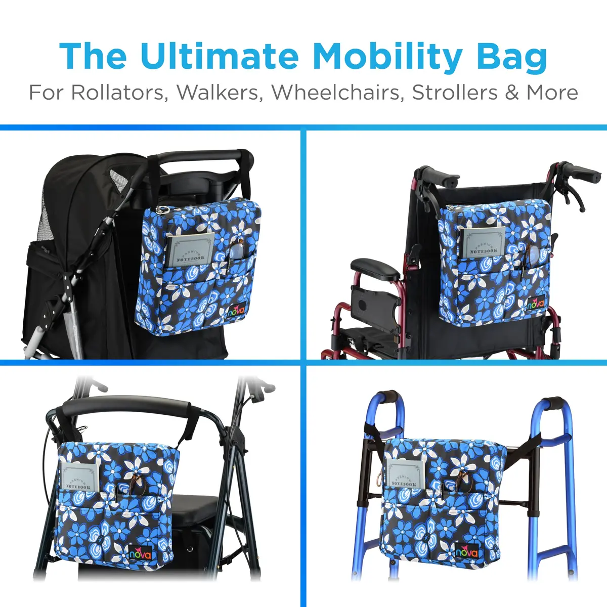 nova Walker Bag Large Carry Bag with 3 Front Pockets | Durable Nylon, Fits All Walkers, Aloha Blue - view 4