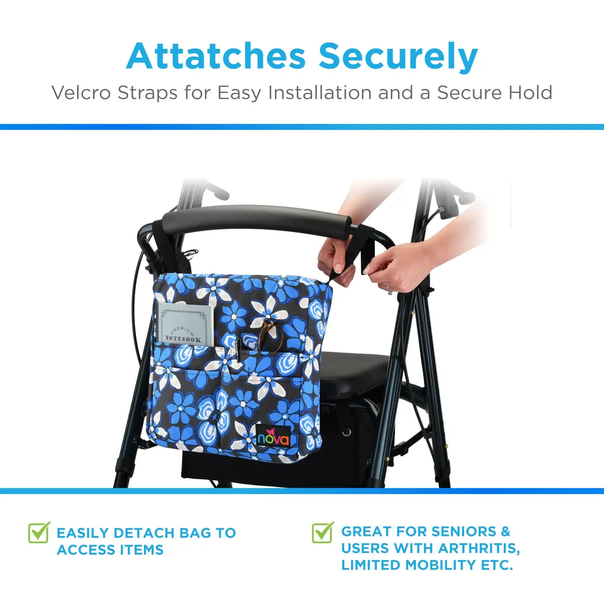 nova Walker Bag Large Carry Bag with 3 Front Pockets | Durable Nylon, Fits All Walkers, Aloha Blue - view 5